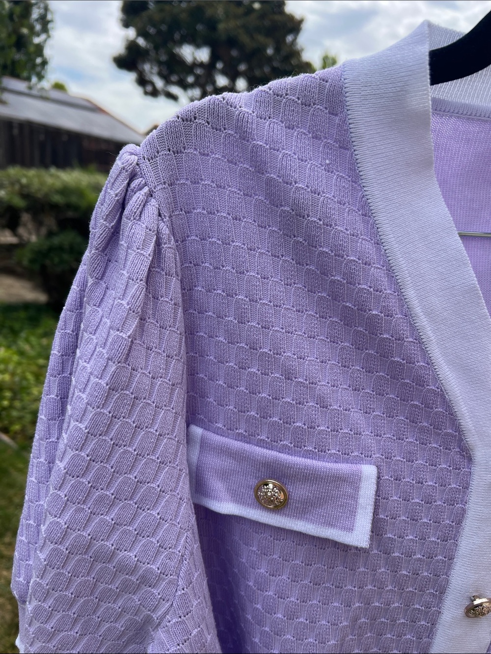 Nanette Lepore Lavender and White V‑Neck Short Sleeve Cardigan - Picture 5 of 8